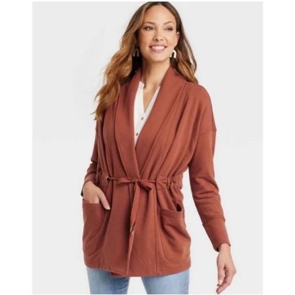 KNOX ROSE Jacket Drape Front Long Sleeve With Pockets Fiery Brown Size XS - Picture 1 of 11